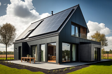 A perfect match of function and beauty! Solar-powered homes under clear skies.  Generative AI.
