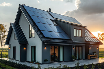 Bright and sustainable! Newly built homes with dark solar panels. Generative AI.