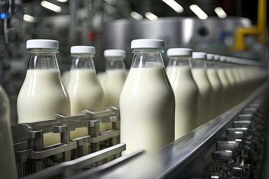 The state-of-the-art dairy factory line bottles and packages delicious milk for distribution. - Generative AI