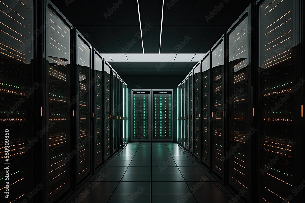Poster view of a large active data center featuring server racks. generative ai