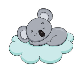 Cute dreaming baby koala on cloud. Cartoon hand drawn vector illustration. Baby animal isolated on white