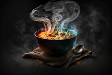 Hot soup in a bowl against a dark background. Generative AI