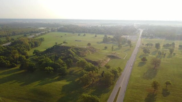 Afternoon aerial view of the central plaza mound group in the ancient native city of Cahokia, in Collinsville, Illinois, USA.