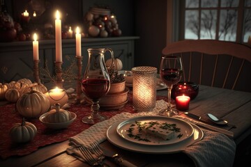 Christmas and New Year's table settings. candles, supper food, glasses, plates, and a festively adorned cozy kitchen table. During the winter holidays at home. flag. flare. Generative AI
