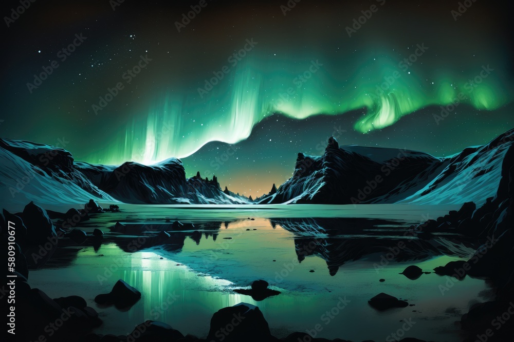 Canvas Prints iceland's glacial lake during the aurora. polar lights in the night sky. northern lights and reflect