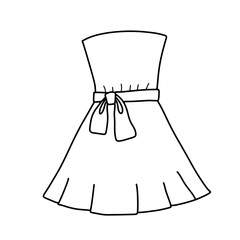 Line sketch of short dress with bow for girl. Doodle dress with pleats. Funny clothing.