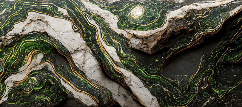 The texture of green marble with white and black inclusions and gold veins. Natural pattern. Abstract 3D illustration of marble surface for backgrounds, wallpapers, photo wallpapers, murals, posters © veter