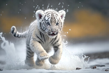 Cute Baby white tiger running on snow, generative AI