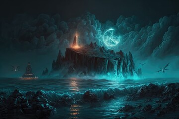 Fantasy landscape in the dark of the night with an island, pyramids, bitcoin, and lightning. neon reflection in the ocean, sea, and water. haze and smoke on the shore. A contemporary, futuristic setti