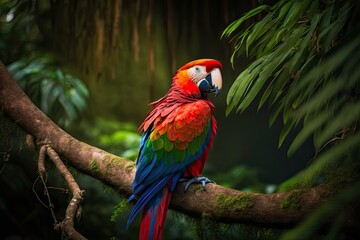 Obraz premium Rotund parrot Costa Rican Scarlet Macaw, Ara macao, perched on a limb. Scene of wildlife in a tropical forest. Beautiful parrot perched on a green tree in a natural setting. Generative AI