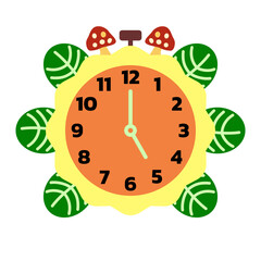 cartoon sun flower clock isolated at 5 pm. on white background, Green leaves