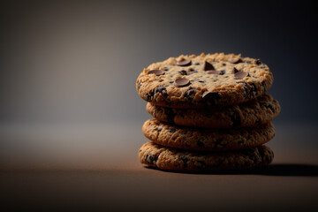 Chocolate chip cookies isolated on black background. Created with Generative AI Technology