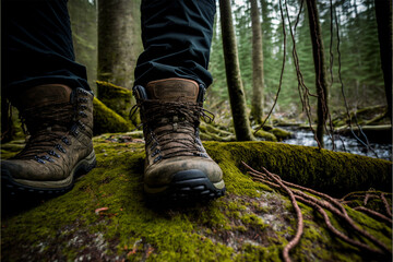 Hiking through the forest, focusing on the hiking boots, Generative Ai,


