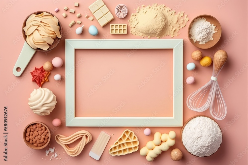 Poster food components for baking in a frame against a soft pink pastel background. flat lay of food with c