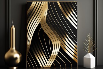 Modern and stylish abstract design poster with golden lines and black geometric pattern.