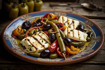 Olives and peppers with grilled halloumi cheese. Generative AI