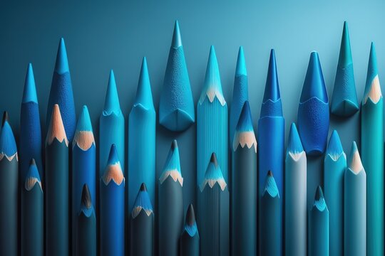 Image of row of different shades of blue crayons on blue background