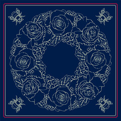 Botanical square pattern with rose and bumblebee. Bandana. Vector.