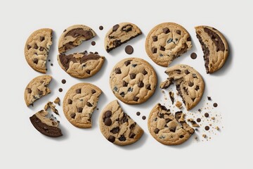 On a white background, a collection of chocolate chip cookies in half. Generative AI