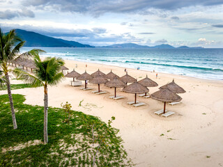 The umbrellas and chairs by the seaside Bai Dai in Khanh Hoa province, Vietnam