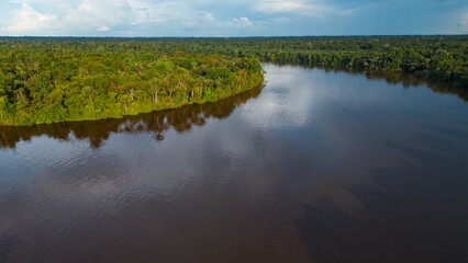 The Nanay River, one of the most important freshwater channels in the Peruvian jungle surrounded by green nature, and is part of the Allpahuayo Mishana Reserve