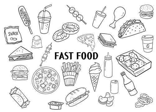 Fast food set for menu, packaging or cafe. Pizza, barbecue, ice cream and hot dog.