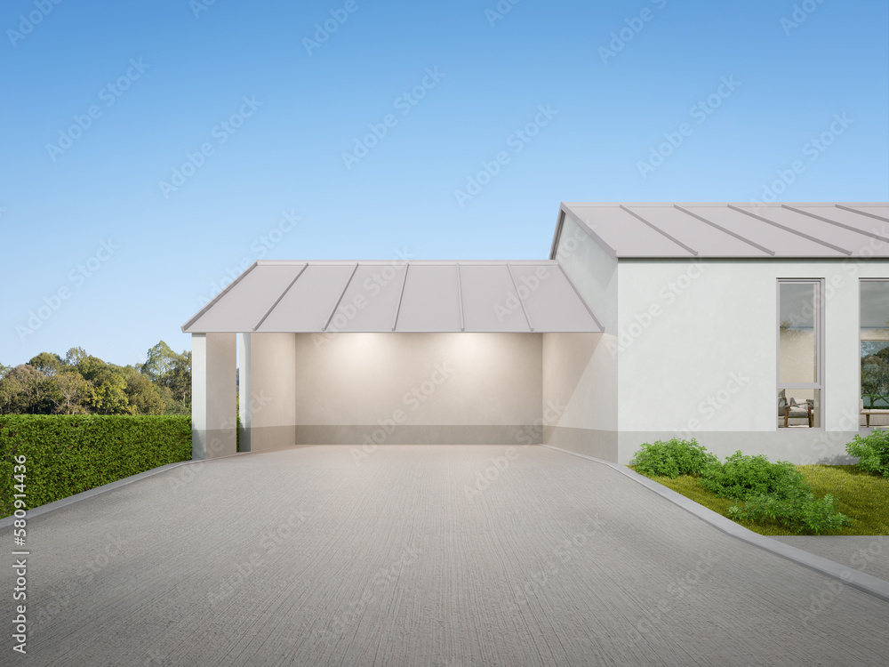 Poster 3d rendering of white modern house with garage entrance, minimal architecture.