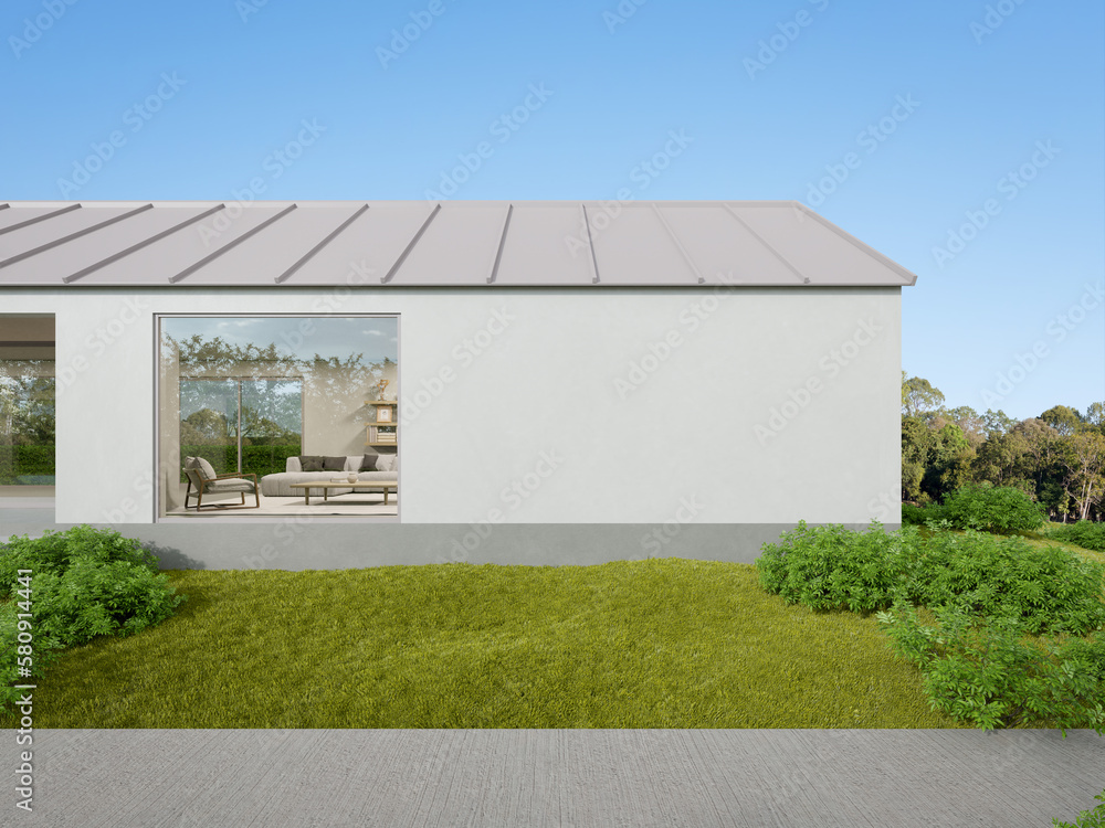 Poster 3d rendering of white modern house with green lawn, minimal architecture.