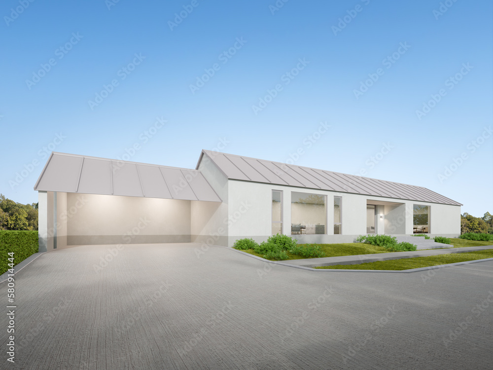 Aufkleber 3d rendering of white modern house with garage entrance, minimal architecture.