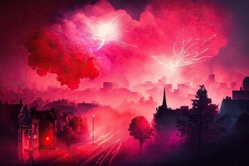 Cheap red and pink fireworks over the city. Motion haze flares of light. for any objective. Generative AI