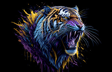  A colorful abstract portrait tiger on black background. Generative AI