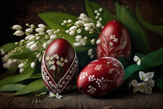 Easter eggs in red. Traditional Kozunak rustic wood background with lily of the valley and dyed eggs. Generative AI
