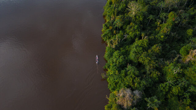 The Nanay River, one of the most important freshwater channels in the Peruvian jungle surrounded by green nature, and is part of the Allpahuayo Mishana Reserve