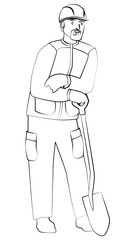 Outline of man in work clothes and hard hat stands leaning on shovel, isolated on white. Design element.