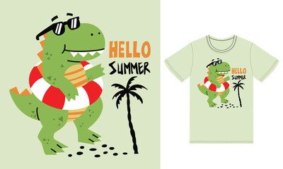 Cute summer dinosaur illustration with tshirt design premium vector