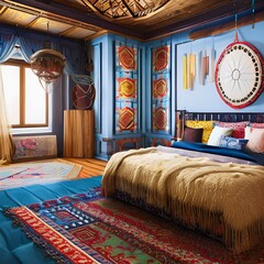 15 A bohemian bedroom with patterned fabrics, lots of pillows and a dreamcatcher1, Generative AI