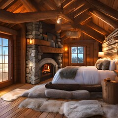18 A rustic bedroom with a log bed, stone fireplace and a cozy fur blanket1, Generative AI