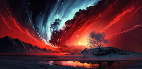 Fototapeta na wymiar Aurora borealis in spectacular flame red colors high above winter tundra mountains landscape, northern polar lights night sky storm, bright vivid reflections, curtains and rays - generative AI
