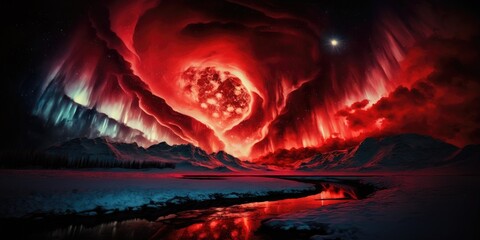 Aurora borealis in spectacular flame red colors high above winter tundra mountains landscape, northern polar lights night sky storm, bright vivid reflections, curtains and rays - generative AI