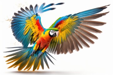 Fototapeta premium Parrot flying in color, isolated on white. Generative AI