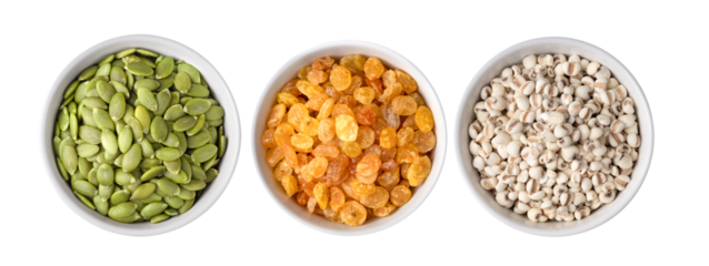 Pumpkin seeds, raisins,  Job's tears  in white bowl on transparent png