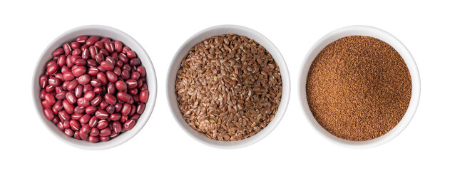 Azuki red bean, flax seeds, Brown Teff Grain in white bowl on transparent png