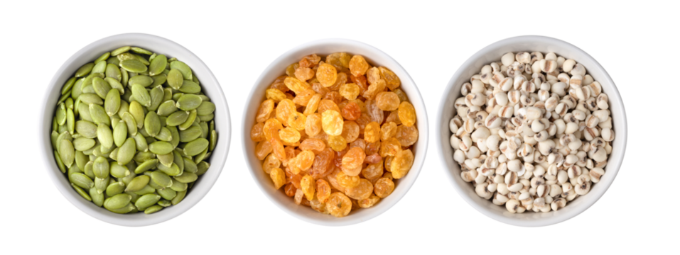 Pumpkin seeds, raisins,  Job's tears  in white bowl on transparent png