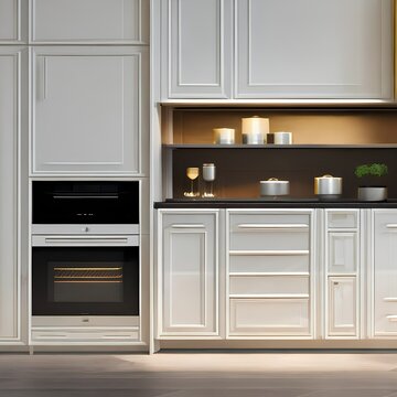 The cabinets and appliances are all a sleek white, and the floors are a light wood3, Generative AI