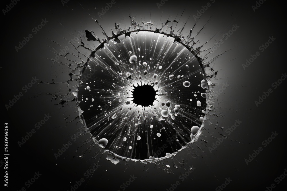 Poster bullet hole on a translucent window with a black background. generative ai