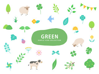 緑のシンプルなイラストアイコンセット / 白バック / 葉、花、新緑、自然、植物、初夏、動物