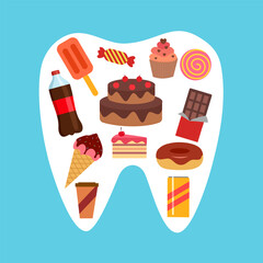 Food for unhealthy tooth in flat design. Bad food that damages teeth.