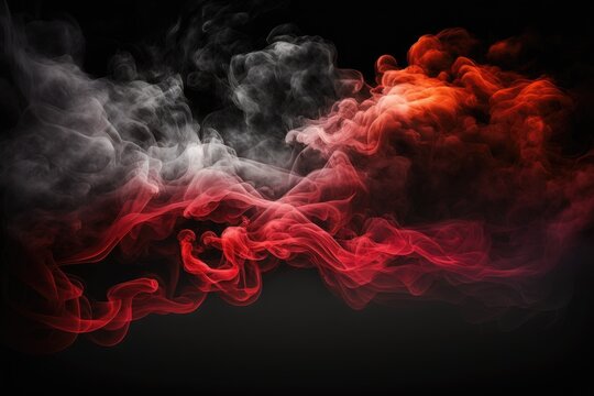 Panoramic view of the abstract fog. Red cloudiness, mist or smog moves on black background. Beautiful swirling smoke. Mockup for your logo. Wide angle horizontal wallpaper or web banner. Generative AI