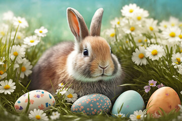 Cute  bunny in a flowery meadow with Easter eggs in pastel colors, ai generated