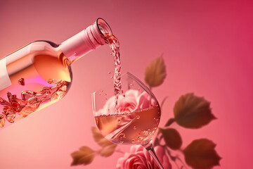 Rose wine pouring into a glass with a flower, flavors of wine concept, summer drink, Ai generated